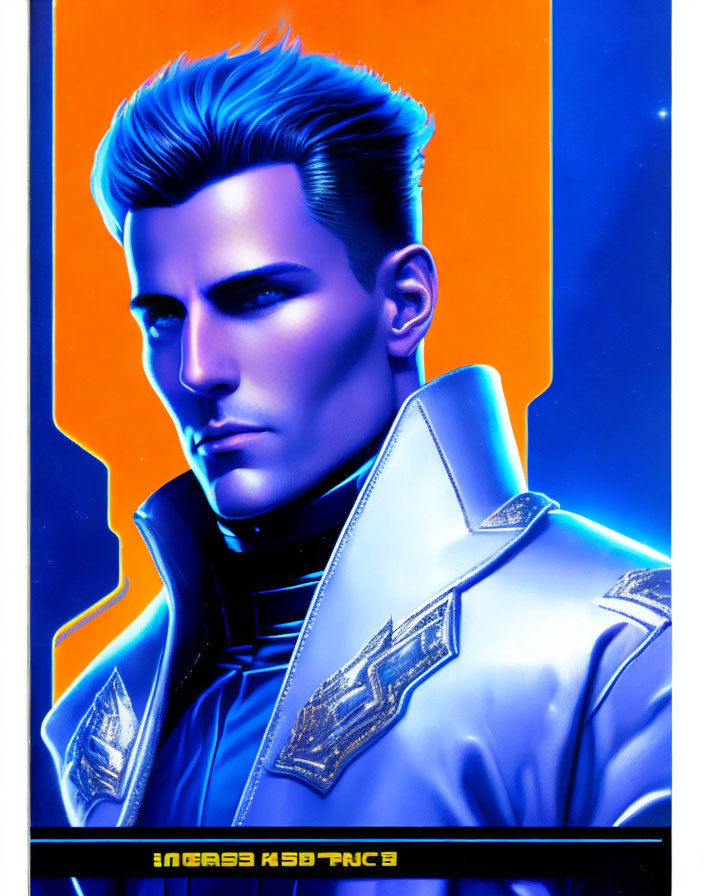 Stylized man with blue hair in futuristic jacket on orange-blue background