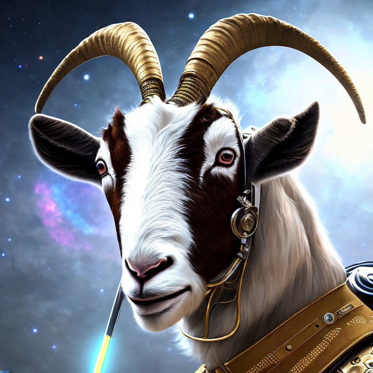 Digital artwork of goat with sharp horns in cosmic space backdrop with gold harness & blue device