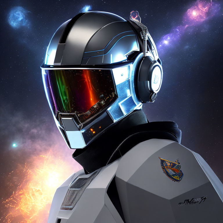 Futuristic astronaut in reflective helmet gazes into space