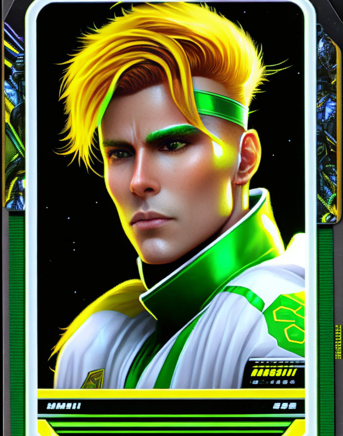 Futuristic character with neon yellow hair on stylized trading card