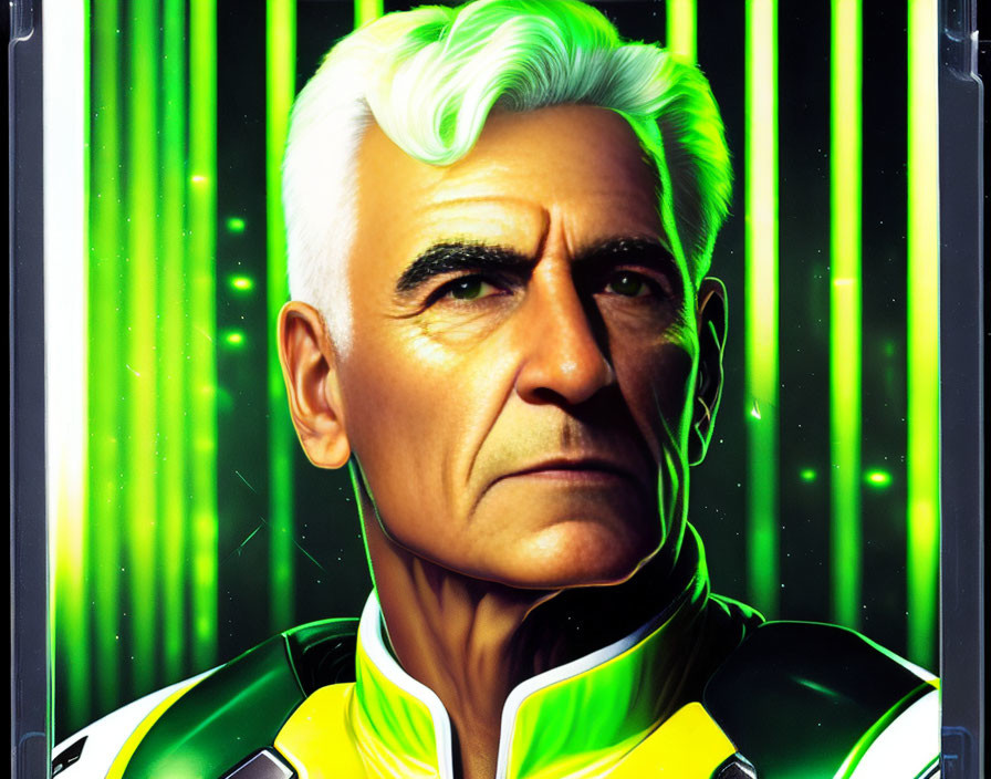 Elderly gentleman in green and yellow suit with white hair against green digital rain