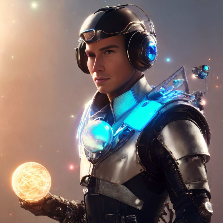 Futuristic male in glowing armor with orb against starry backdrop