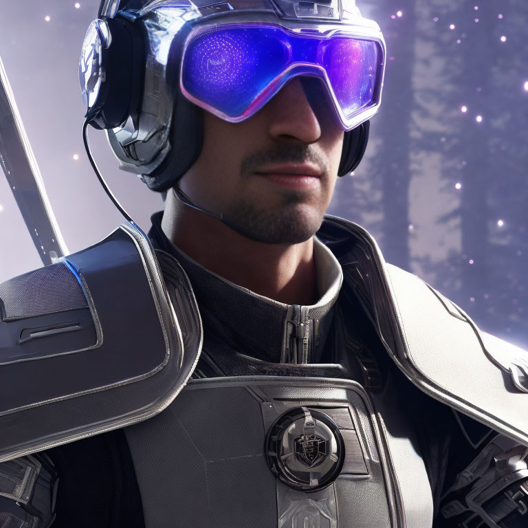 Futuristic man in armor with purple-tinted goggles on sparkly background