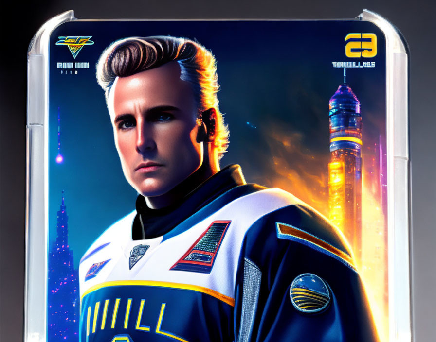 Futuristic man in slicked-back hair wearing neon hockey uniform.