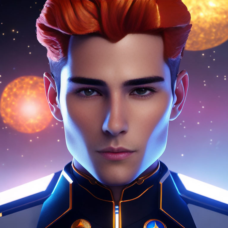 Red-haired male character in futuristic uniform against starry space background.