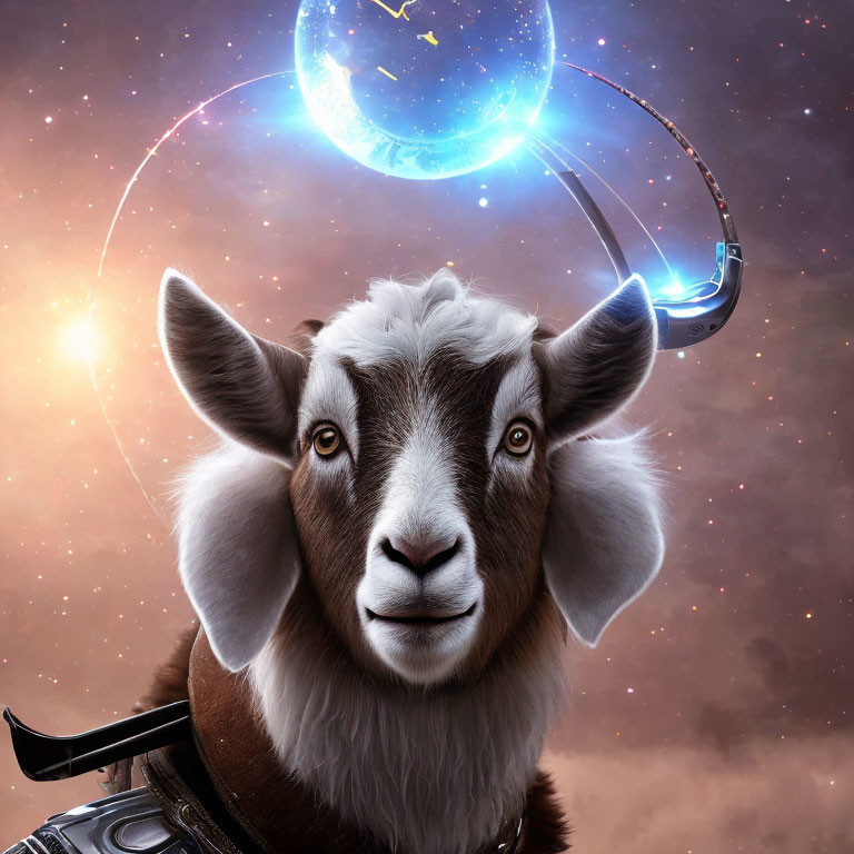 Digital artwork: Goat humanoid in futuristic armor with cosmic background