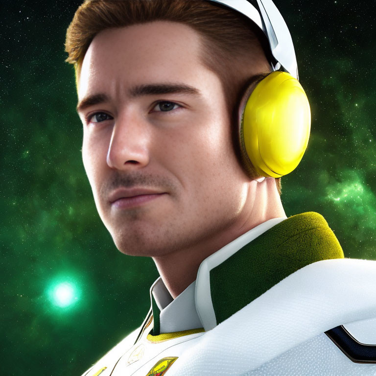 3D-rendered male character in white and green spacesuit with yellow headphones against starry space background