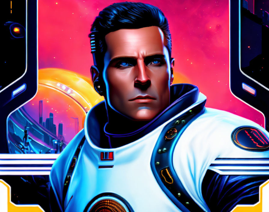 Futuristic man in white space uniform with neon colors and cityscape.