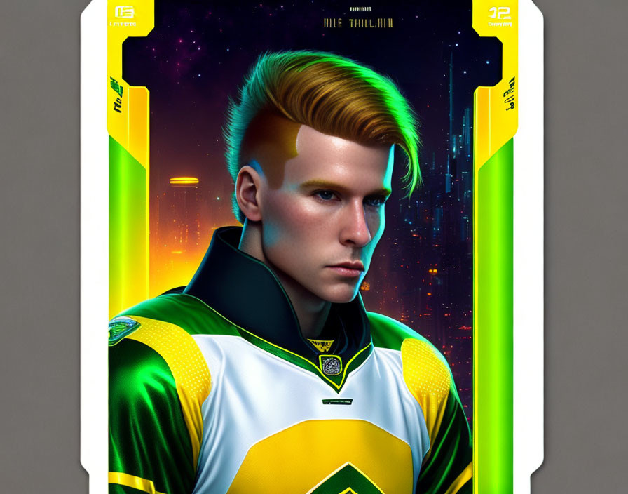 Futuristic portrait of young man in green and yellow jersey against cityscape and starry sky