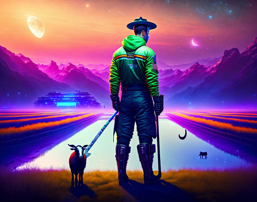 Futuristic person with goat in colorful alien landscape