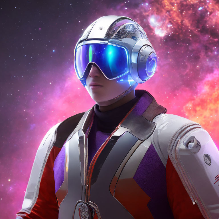 Futuristic astronaut with reflective helmet visor in vibrant cosmic scene