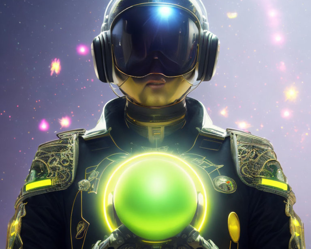 Astronaut in Black and Gold Suit with Glowing Green Sphere in Purple Space