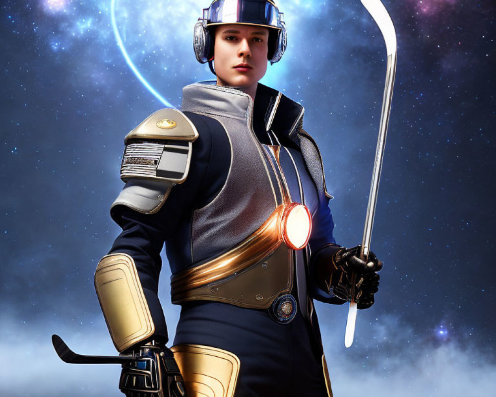 Futuristic hockey player in advanced gear on cosmic background