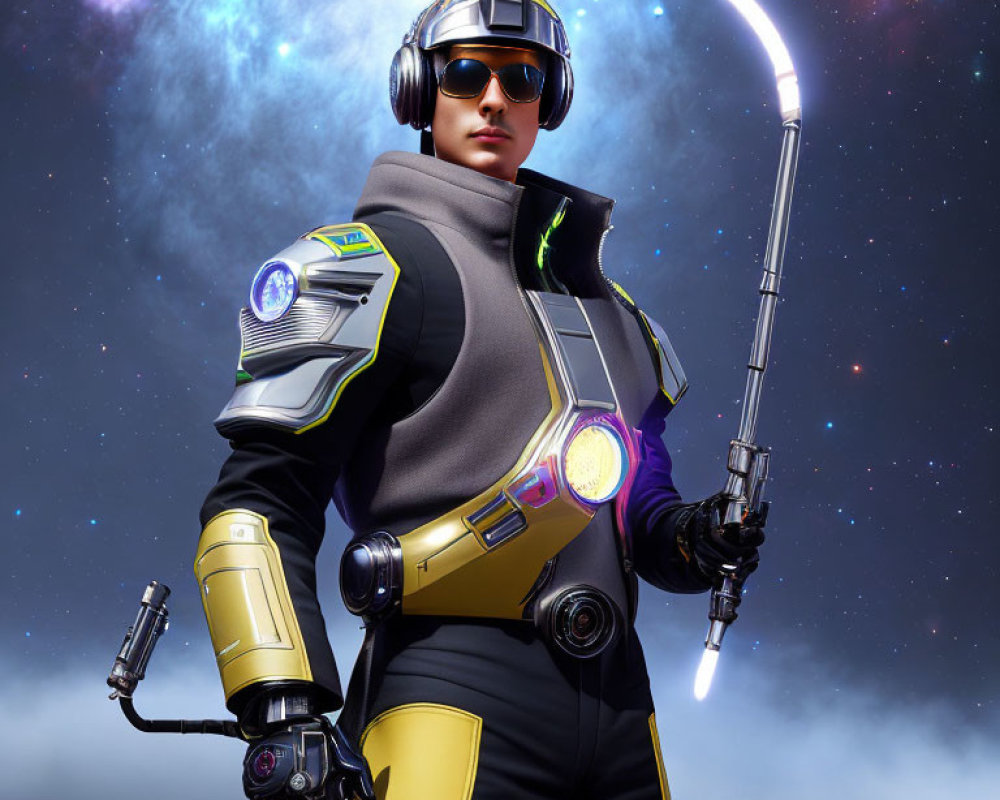 Futuristic astronaut with glowing staff in cosmic backdrop