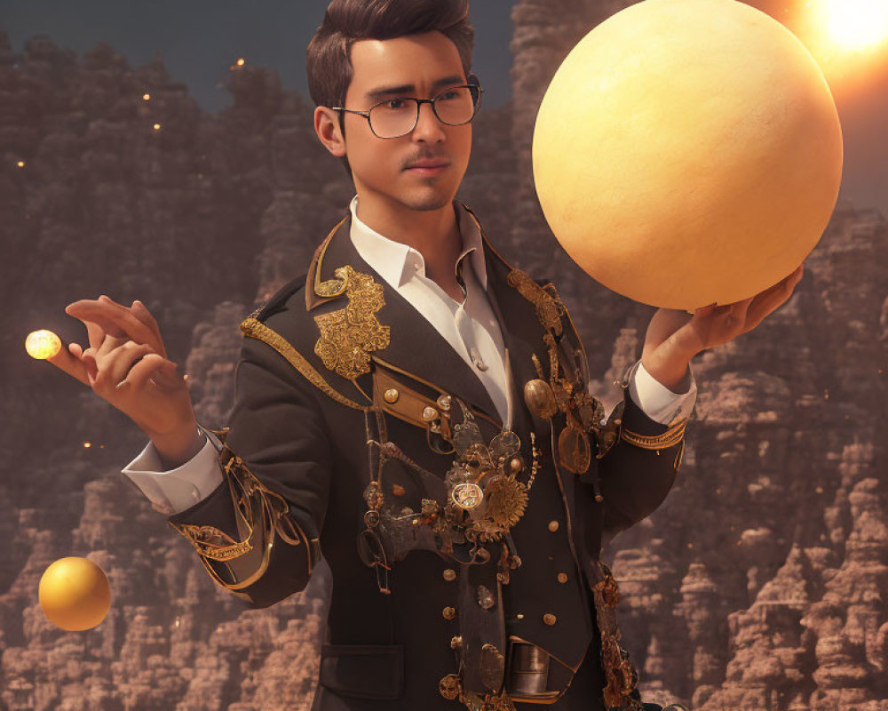 Man juggling glowing orbs in ornate jacket against rocky backdrop