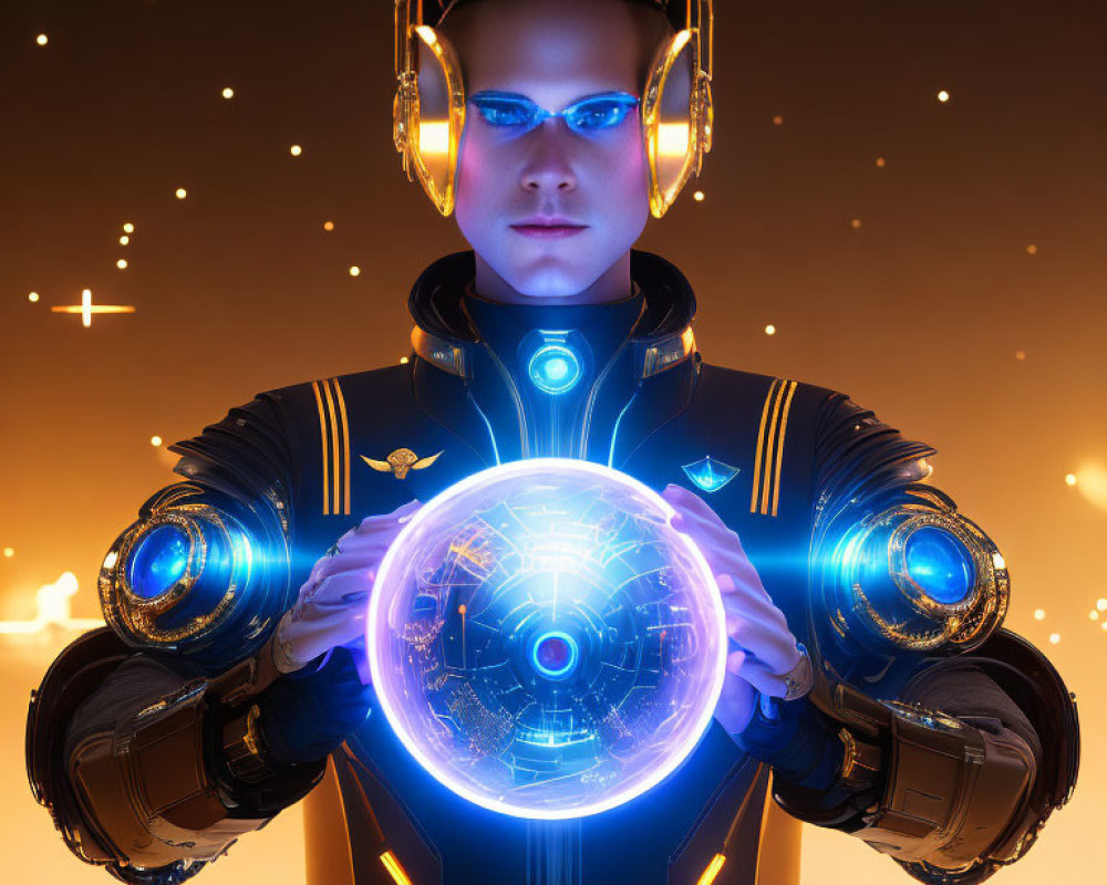 Futuristic suit and glowing orb on orange background