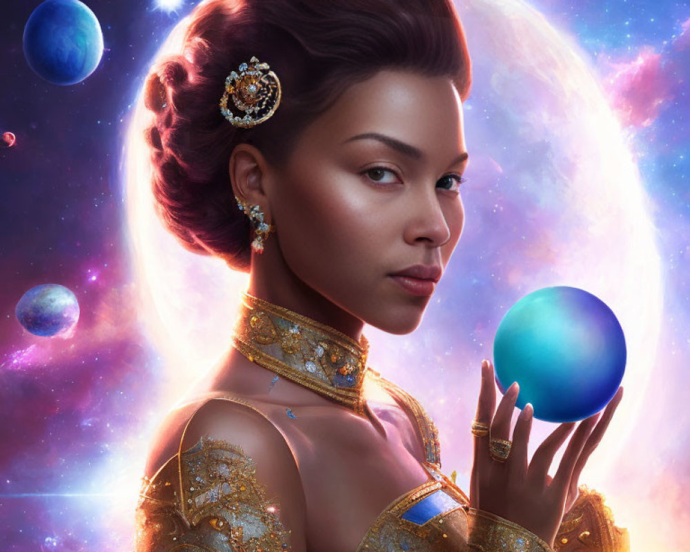 Regal woman in ornate gold attire with cosmic backdrop and glowing blue sphere