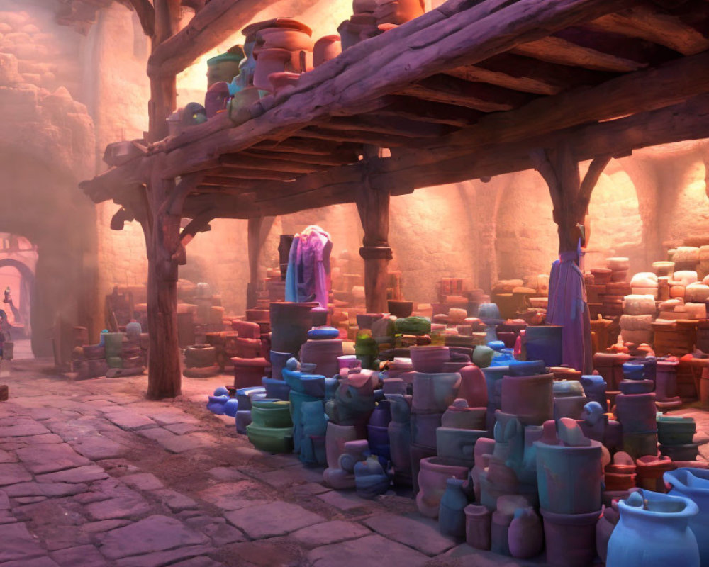 Vibrant pottery collection on rustic street with warm ambient light