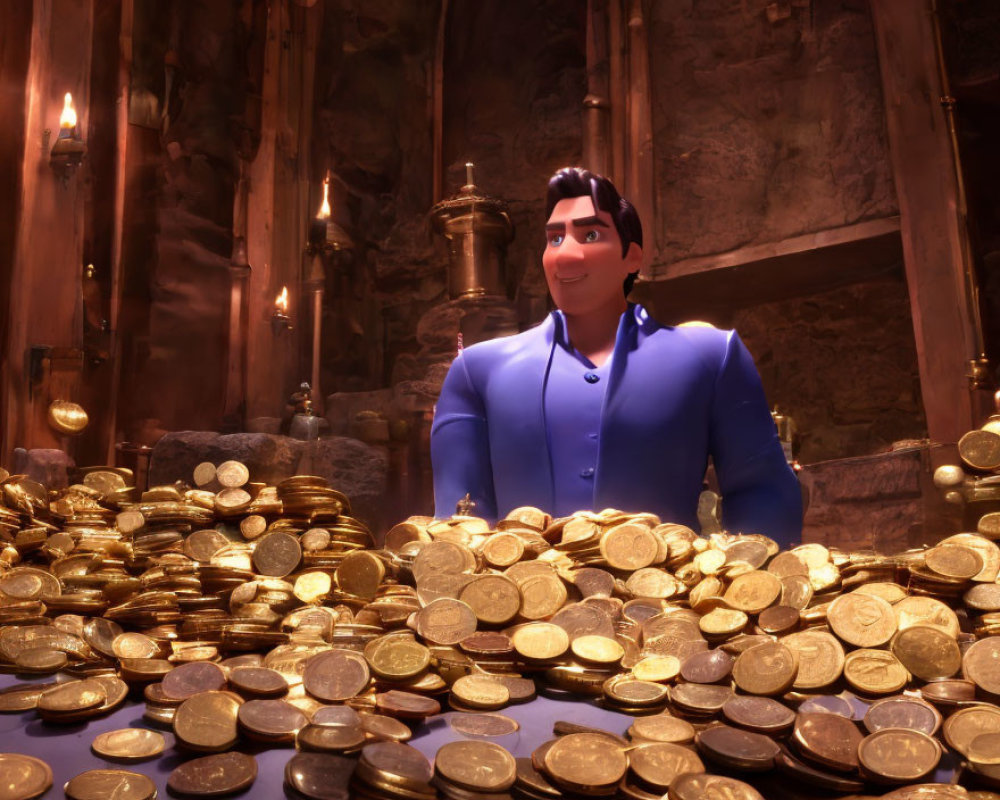 Blue-coated animated character surrounded by gold coins in a room