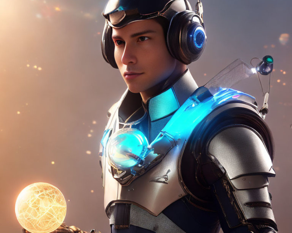 Futuristic soldier with glowing orb and electronic armor on hazy background