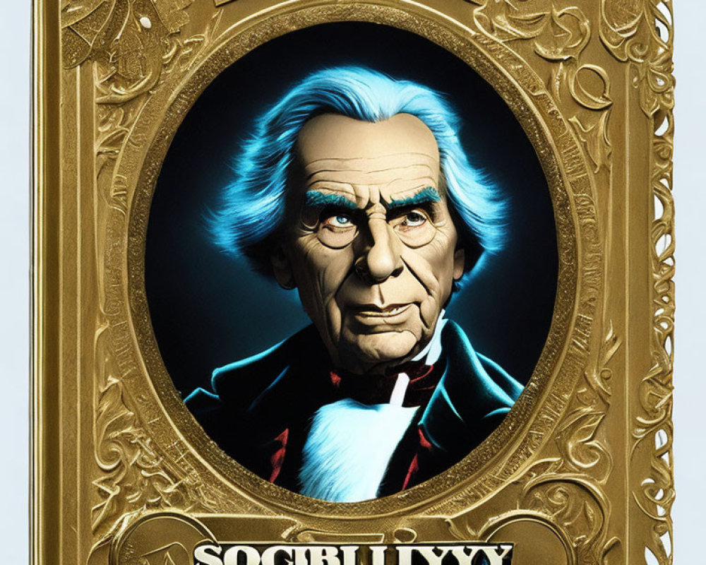 Animated character resembling historical figure in black suit with white hair, framed by golden border.