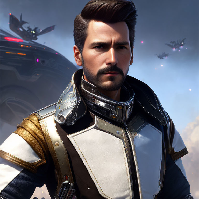 Close-Up of Determined Man in Futuristic Armor with Starships