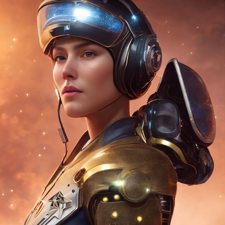 Futuristic female soldier in high-tech armor with glowing visor on orange backdrop