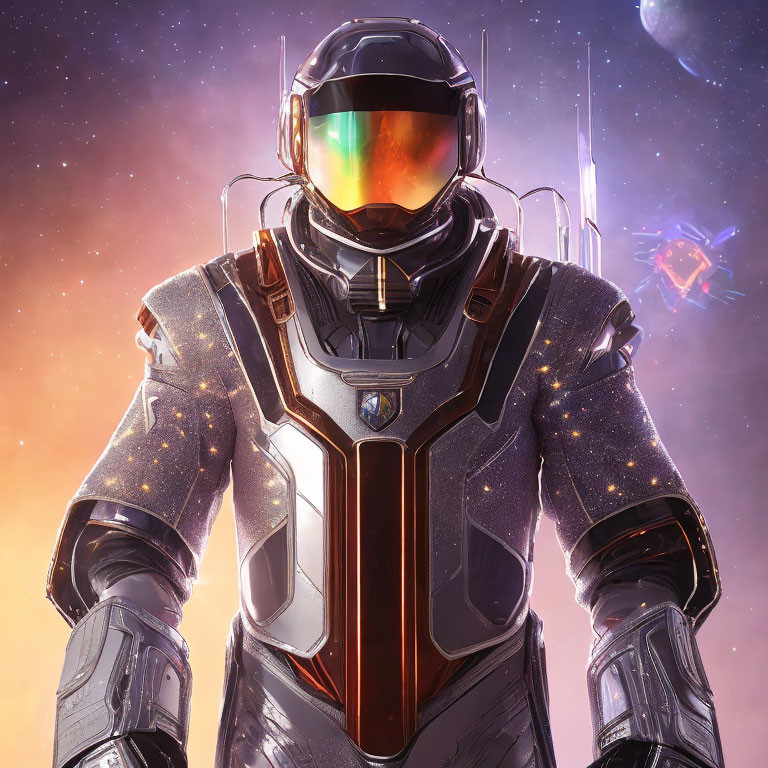 Detailed Futuristic Astronaut in Space Suit Against Cosmic Backdrop