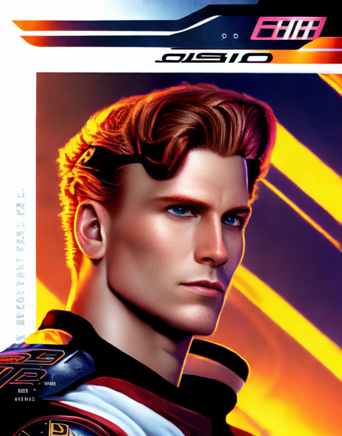 Man with Prominent Cheekbones in Futuristic Suit with Orange Accents