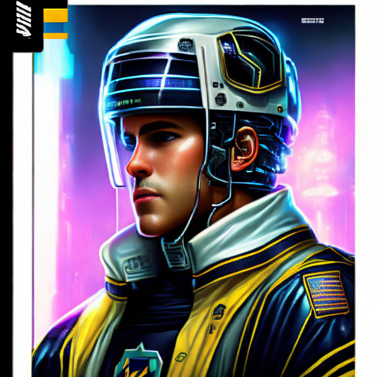 Futuristic person in neon-accented helmet and jacket illustration