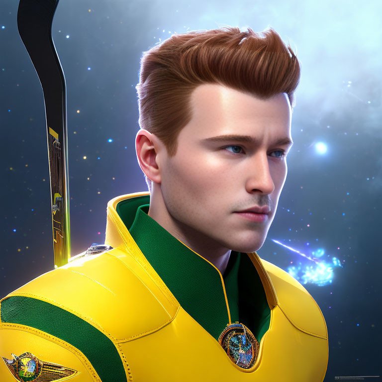 Modern 3D portrait of a man in futuristic uniform against space backdrop