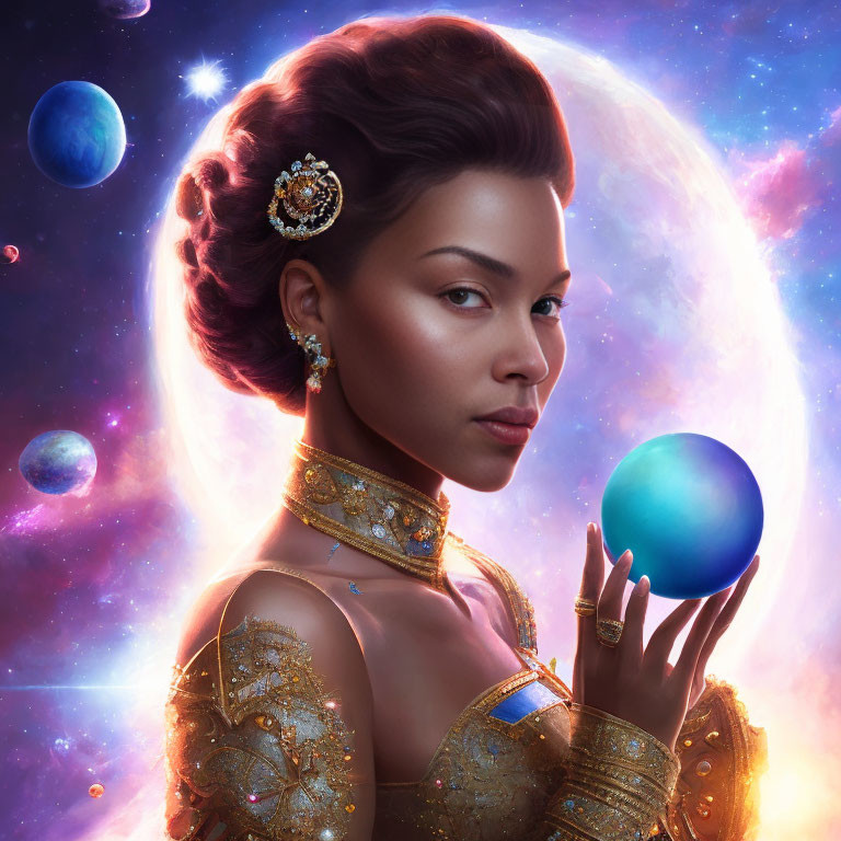 Regal woman in ornate gold attire with cosmic backdrop and glowing blue sphere