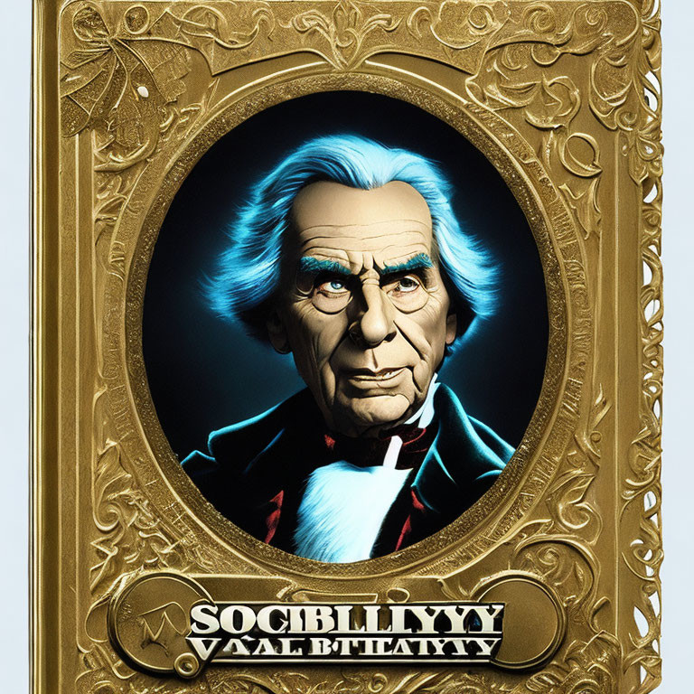 Animated character resembling historical figure in black suit with white hair, framed by golden border.