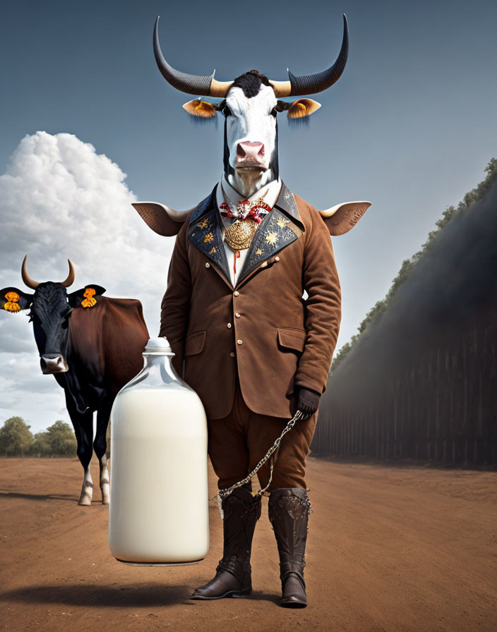 Cow's head on human body in suit holding milk bottle with cow and trees in background