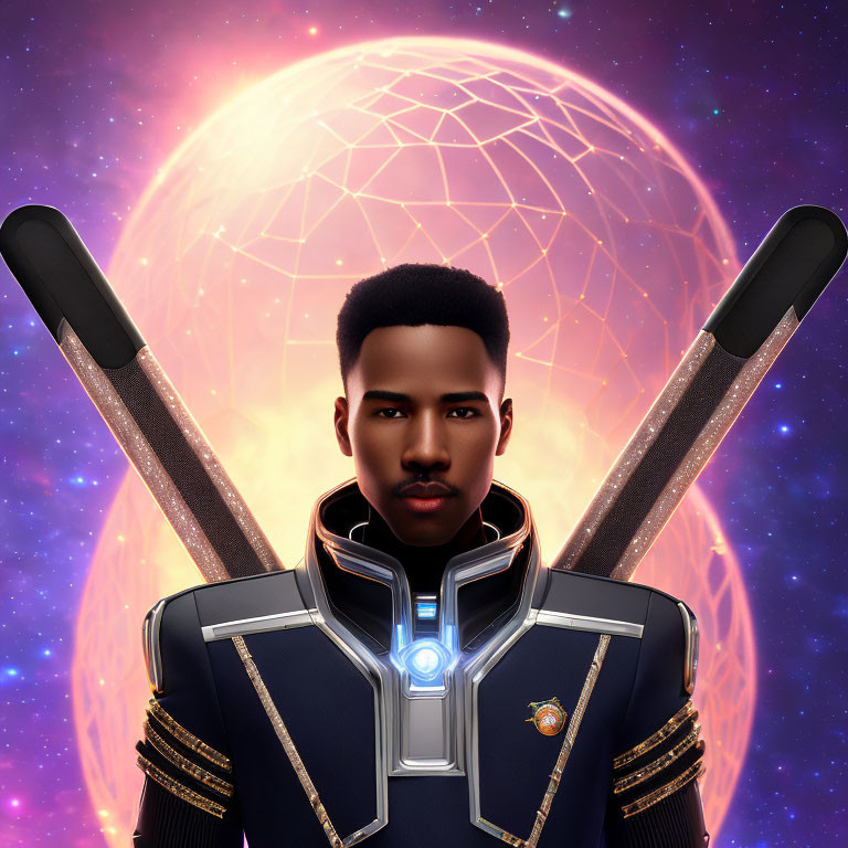 Futuristic man portrait with glowing swords in cosmic setting