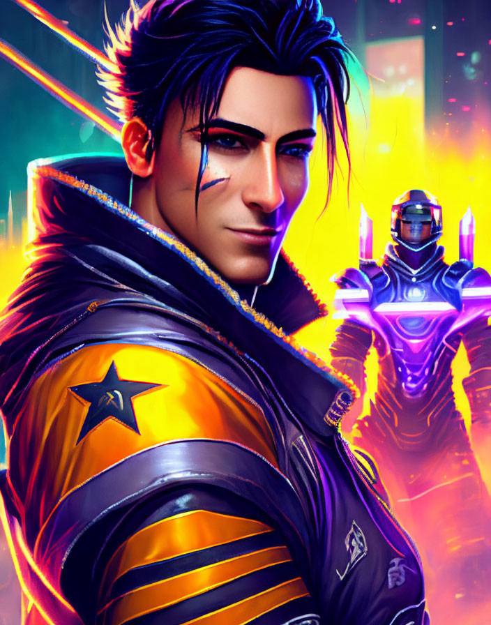 Digital artwork of smirking man in futuristic attire with neon-lit background