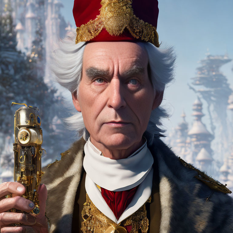 Elderly man in red and gold uniform with golden pistol near fantastical castle