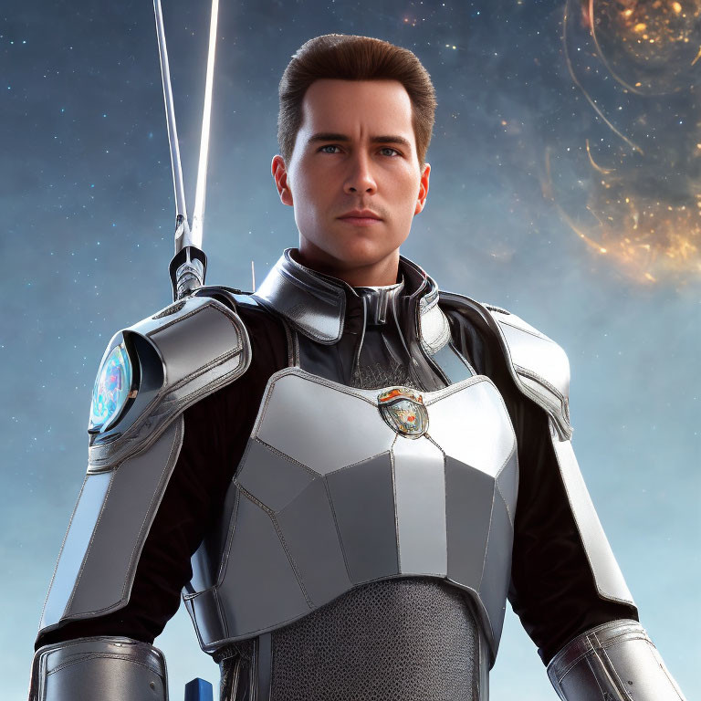 Futuristic armor man with sword in cosmic setting