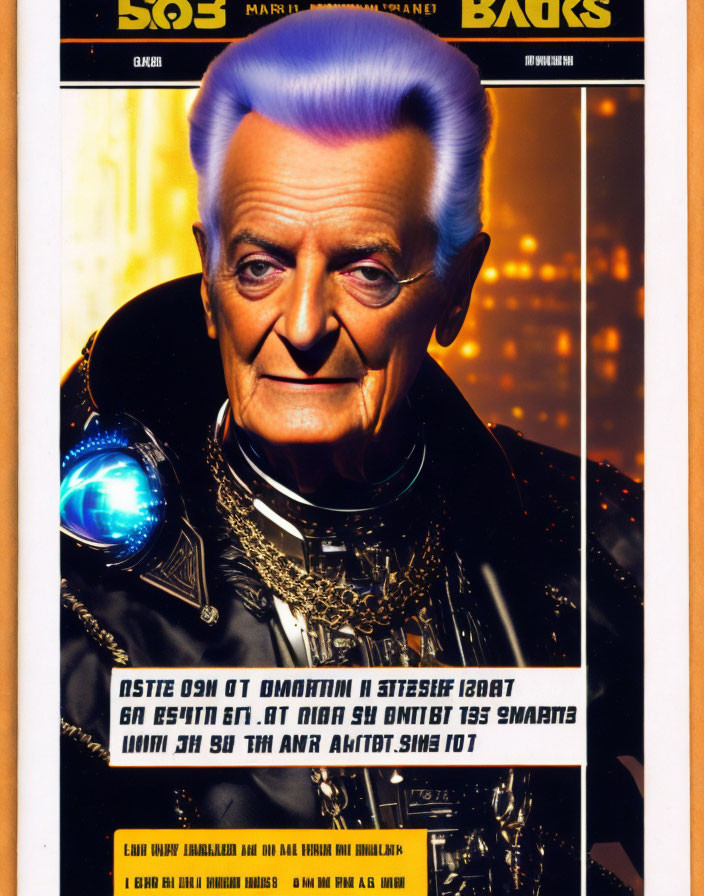 Futuristic movie poster featuring older man with purple hair in sci-fi attire