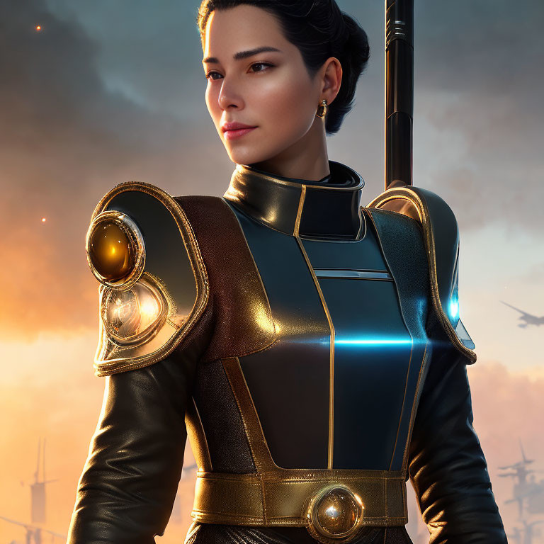 Female character in futuristic armor with staff against dramatic sky and ships