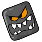 Gray cartoon monster face with sharp teeth and yellow eyes.