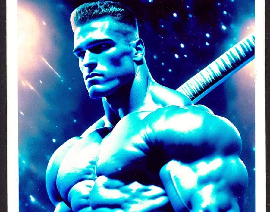 Muscular man with sword in neon glow and space background