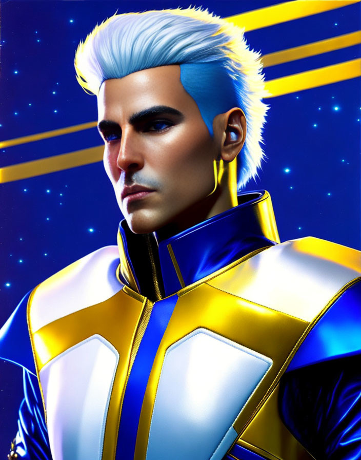 Futuristic man with silver hair in blue and yellow outfit on starry space background