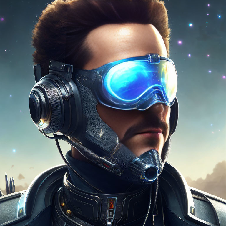 Stylized character with futuristic goggles and space-themed backdrop.