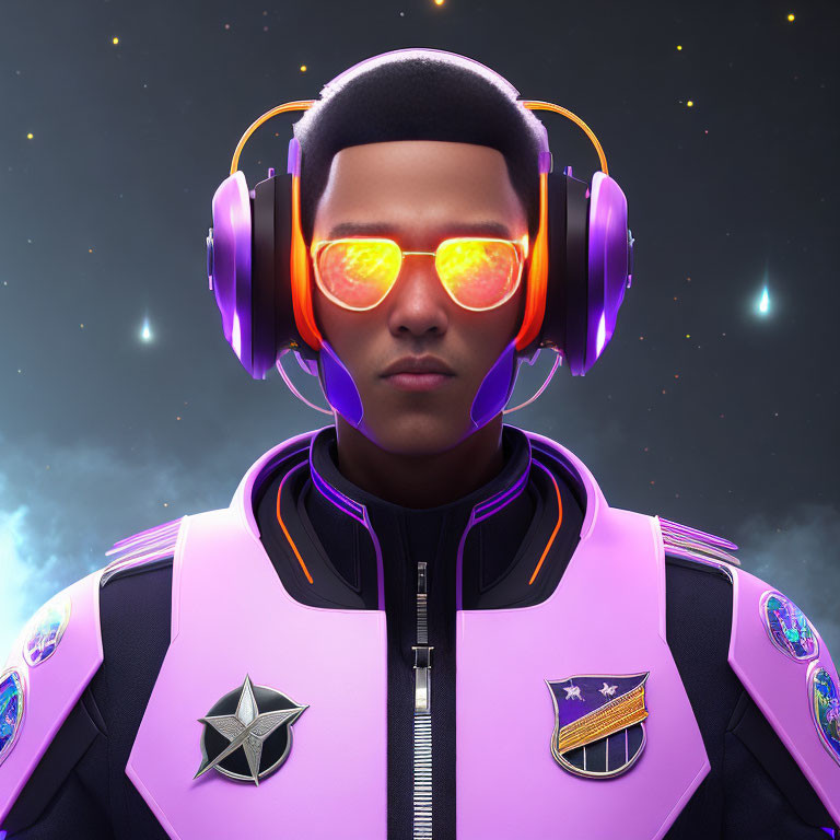 Person in Purple Spacesuit with Orange Glasses and Headphones in Digital Illustration