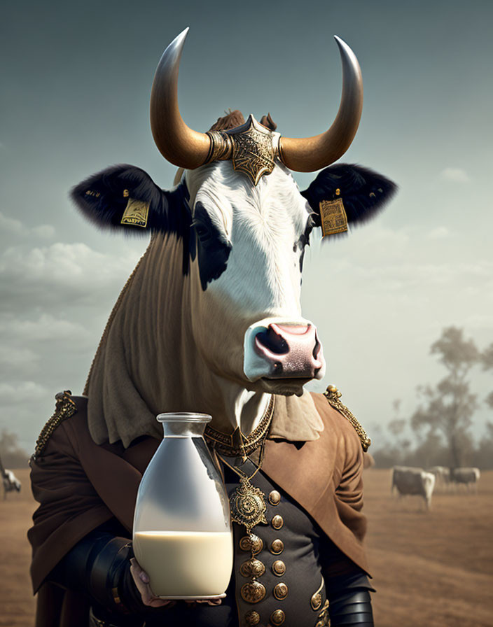 Cow in medieval warrior outfit holding milk bottle in field