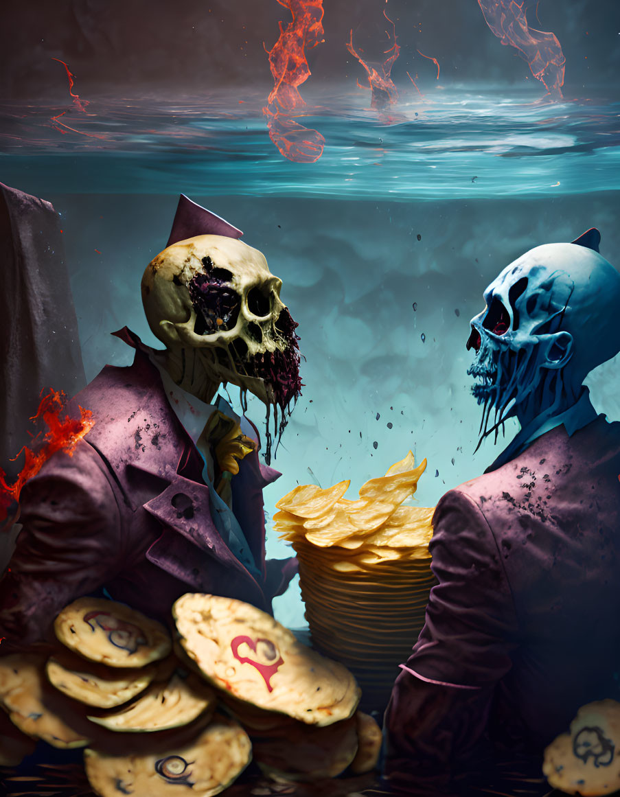 Skull-faced Figures in Suits with Pancakes, Underwater Scene