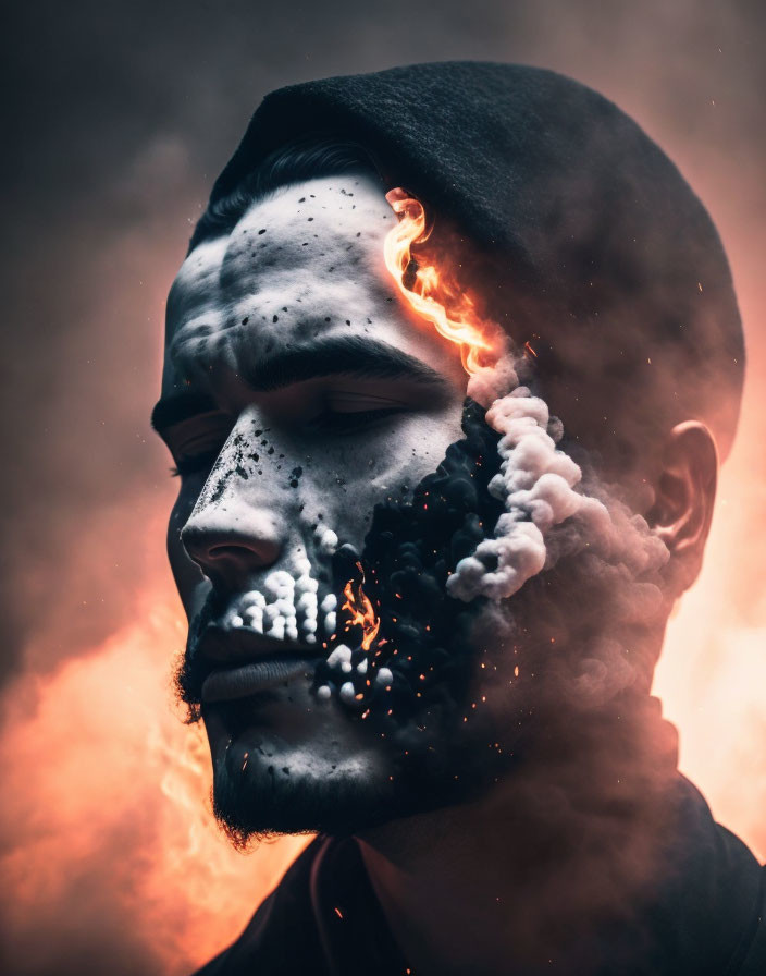 Man's face split between normal and fiery skull, disintegrating into embers and smoke on fiery