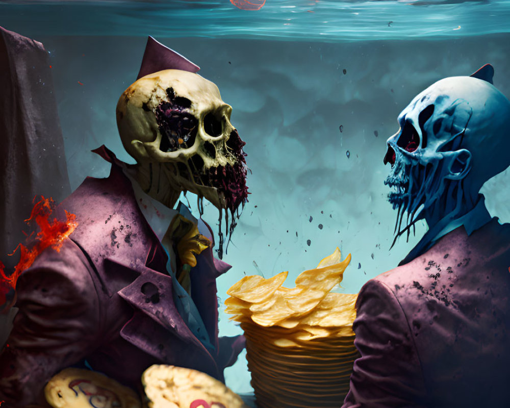 Skull-faced Figures in Suits with Pancakes, Underwater Scene