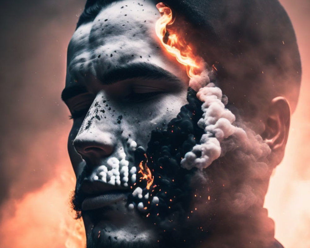 Man's face split between normal and fiery skull, disintegrating into embers and smoke on fiery